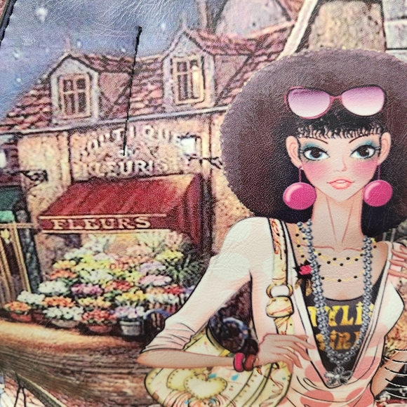 Michael Michelle Large Coated Canvas Printed French Market Scene Tote Bag - Picture 10 of 13